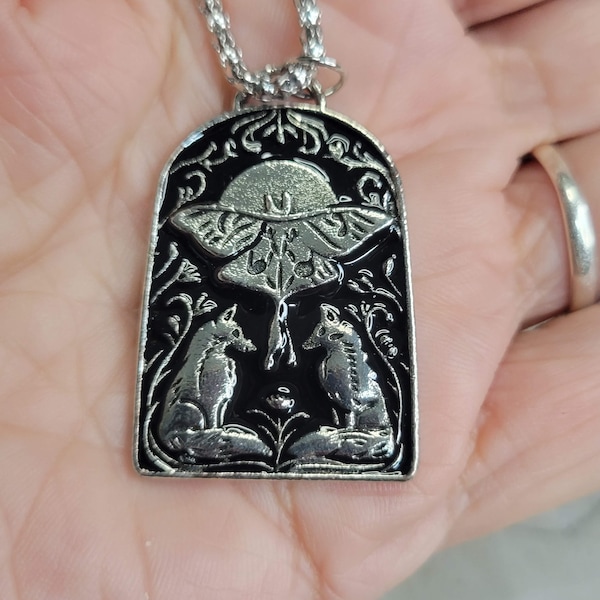 Wolves and Moth Pendant Necklace, Gothic Jewelry, Antique Silver, Nature Lover Necklace