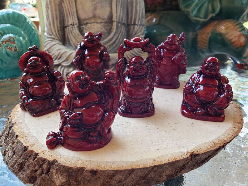 Beautiful Pack of 6 Laughing Buddha Figurines Lucky Happy Buddha Statue Home Décor altar Set Red