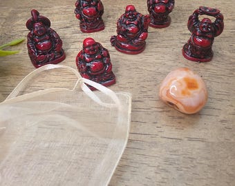 Red Mini Buddha Figurines Set with Crystal and Organza Bag, Zen Decor