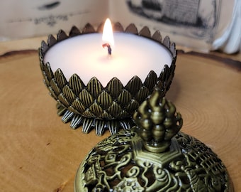 Lotus Brass Candle Burner: Scented Soy Wax Candle, Reusable Holder