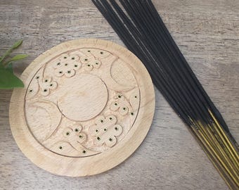 Triple Moon Wooden Incense Holder, Ash Catcher, Moon Phase Decor, Altar Gift Set