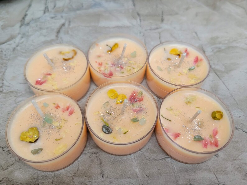 Soy Wax Tealight Candles Crystal Candles Hand poured Candles Crystal intention 6 pack candles with Herbs Scented Candles Flower Shop