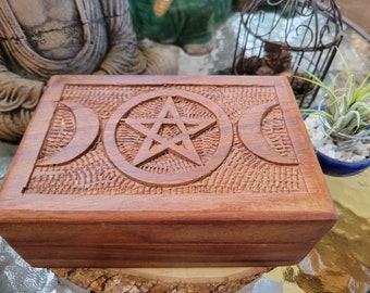 Triple Moon Pentagram Carved Wooden Box 4x6"