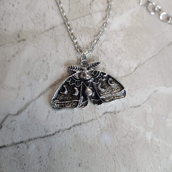 Moon Phase Moth Pendant Necklace, Gothic Jewelry, Antique Silver, Nature Lover Necklace