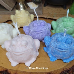 May include: Six frog-shaped candles in various colors, including purple, blue, green, and white. The candles are arranged on a wooden surface with the text "My Magic Place Shop" visible at the bottom.