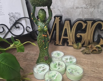 Nature Goddess Candle Holder Gift Set with 6 Scented Tea Lights, Goddess Statue, Altar Decor, Meditation Gift, Pagan Home Decor