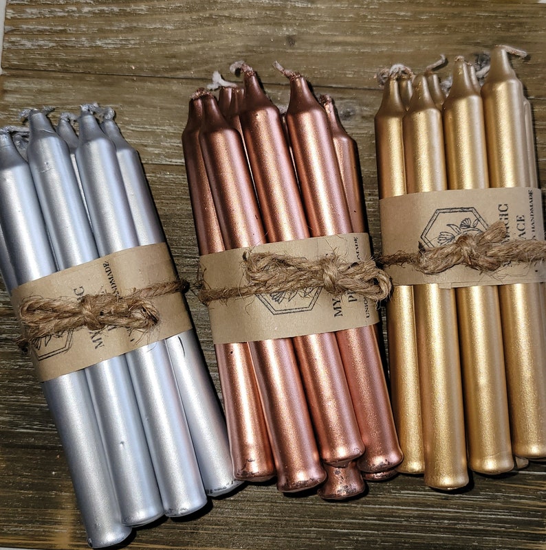 Pack of 10 , gold , silver or copper color pack of candles, Spell Candles Silver