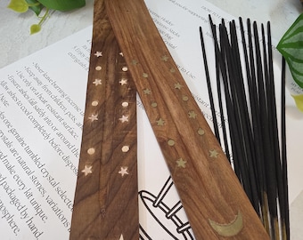 Celestial Moon Wooden Incense Holder Kit, Choose White Moon or Gold Moon Design, Includes 20 Incense Sticks & Guide, Long Ash Catcher Burner