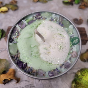 Moon Romance Soy Candle: Lavender Sage Rosemary Scent, Amethyst & Aventurine Crystals