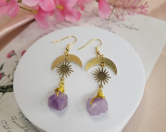 Amethyst Moon Sun Earrings, Boho Chic Gift for Women, Gemstone Jewelry