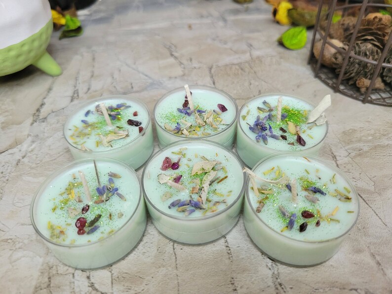 Soy Wax Tealight Candles Crystal Candles Hand poured Candles Crystal intention 6 pack candles with Herbs Scented Candles Lavender Sage Rosemary