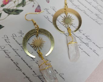 Clear Quartz Moon Sun Earrings, Raw Crystal, Gold Plated