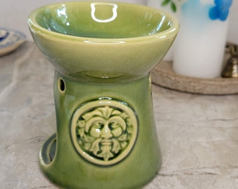 Ceramic green man design oil burner , wax warmer, metaphysical décor, handmade ceramic