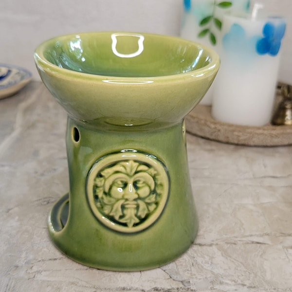 Ceramic green man design oil burner , wax warmer, metaphysical décor, handmade ceramic