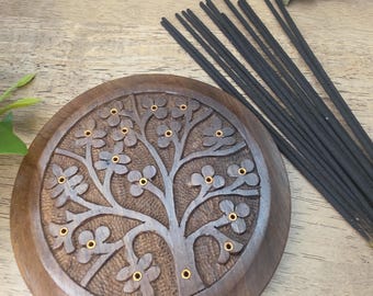 Tree of Life Wooden Incense Holder, Ash Catcher, Meditation Nature Decor Gift Set