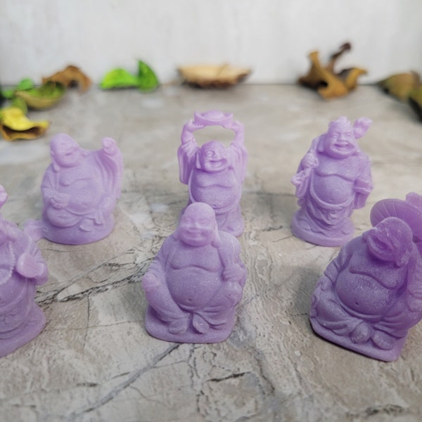 Small Laughing Buddha Figurines Handmade Pack of 6 Purple   Lucky Happy Buddha Statue Home Décor altar Set