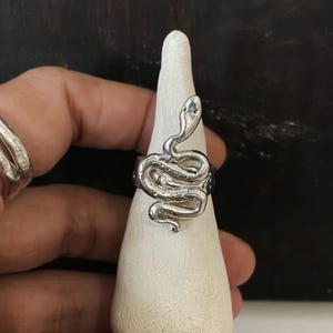 Peut inclure: Une bague en argent en forme de serpent avec une finition texturée. Le serpent est enroulé et la tête est levée.