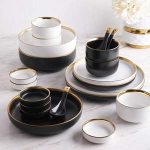 Modern Gold Rim Porcelain Matte Glazed Black and White Dinnerware