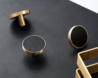 Mini circular faux leather modern cabinet round pull knob, 2pcs, Gold Knobs Leather Drawer Pull Bathroom Kitchen Cabinet