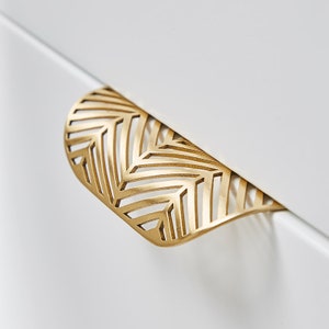 Könnte beinhalten: Goldfarbener, blattartiger Schrankgriff mit geometrischem Muster.