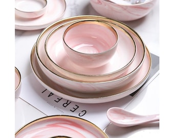 Limited Edition Modern Gold Rim Porcelain Faux Pink and White Marble Hand-painted Luxury Dinnerware