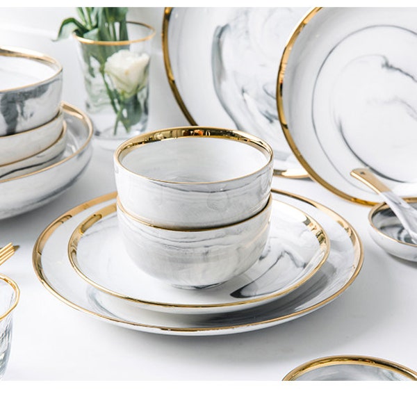 Modern Gold Rim Porcelain Faux Grey and White Marble Hand-painted Luxury Dinnerware