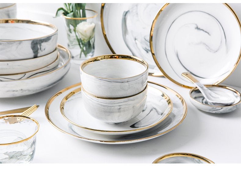 Modern Gold Rim Porcelain Matte Glazed Black and White Dinnerware