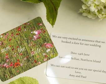 Original and unique save the date wedding announcement. Pink wildflowers design.