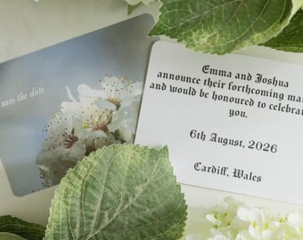 Original and unique save the date wedding announcement. Spring blossom design.