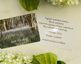 Original and unique save the date wedding announcement. Bluebells in wood design.