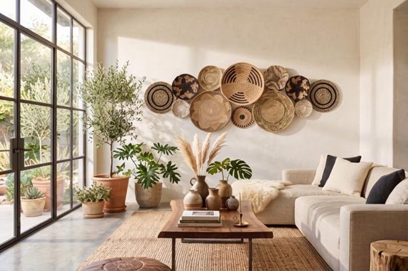 May include: A collection of twelve round woven wall baskets in various shades of tan, brown, and black arranged in a cluster on a light-coloured wall above a beige sofa, a wooden coffee table, and several potted green plants in a room.
