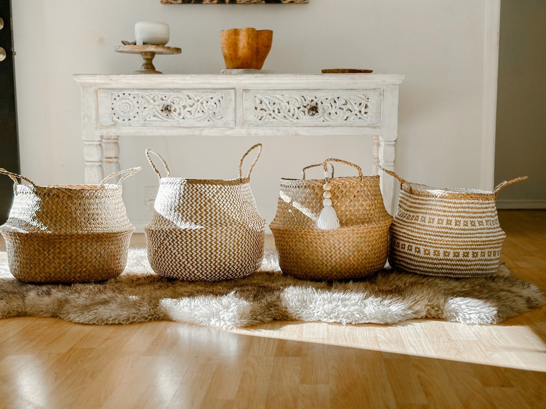 Seagrass Baskets Set of 4, Wicker Storage With Handles, Decorative ...