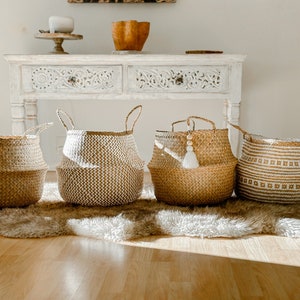 Seagrass Baskets set of 4, Wicker Storage with handles, Decorative Storage, Nursery Laundry Hamper, Boho Wedding Basket, Belly Baskets