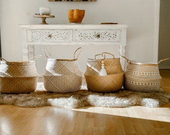 Seagrass Baskets set of 4, Wicker Storage with handles, Decorative Storage, Nursery Laundry Hamper, Boho Wedding Basket, Belly Baskets