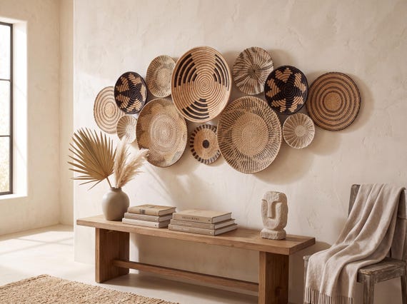 Boho Wall Basket Set of 12 | 98" Geometric Seagrass Gallery Wall | Desert Modern Organic Modern Decor | Earth Tone Statement Wall Art