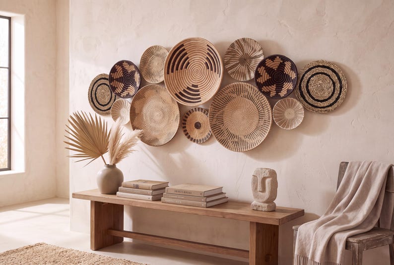 May include: A collection of twelve round woven wall baskets in varying sizes, featuring natural tan, beige, and dark brown geometric patterns. The baskets are arranged in a cluster on a wall above a wooden bench, displaying intricate coil textures.
