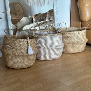 Seagrass Baskets set of 4, Wicker Storage with handles, Decorative Storage, Nursery Laundry Hamper, Boho Wedding Basket, Belly Baskets image 9