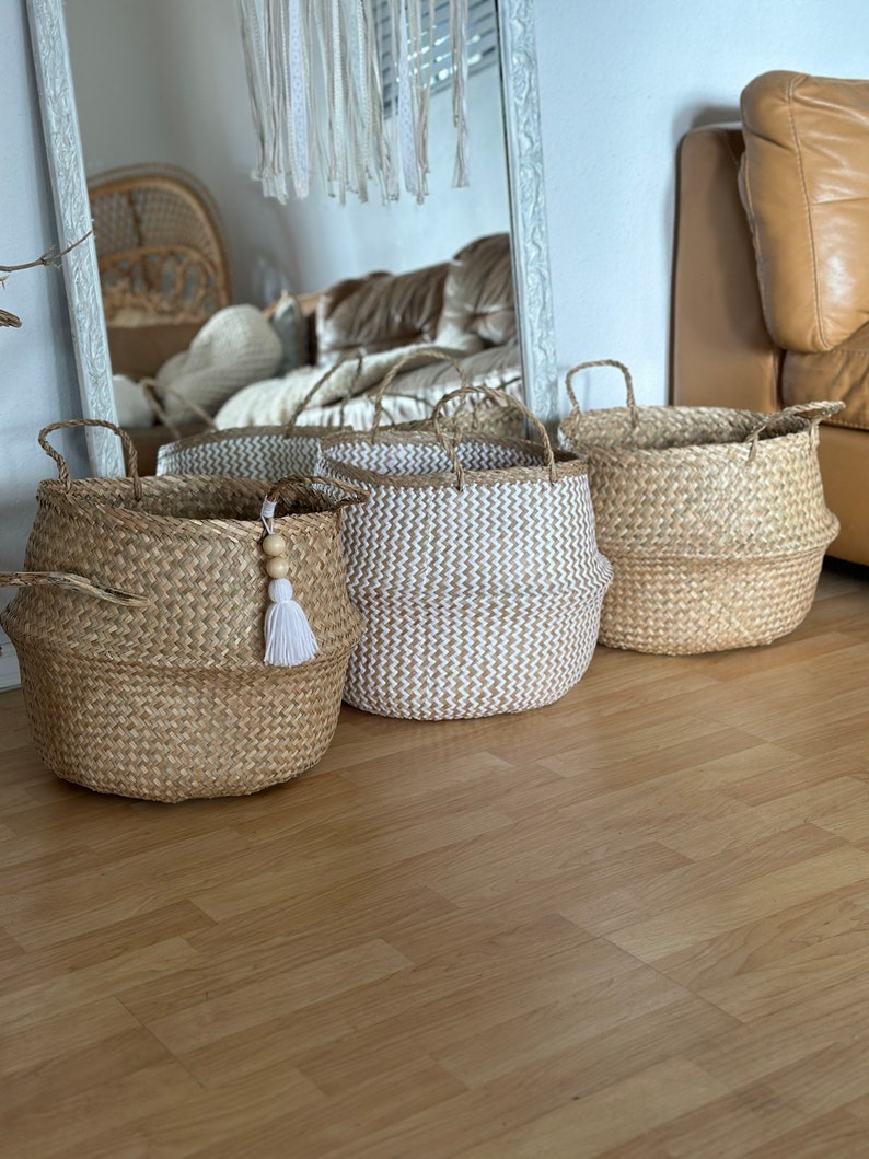 Seagrass Baskets set of 4, Wicker Storage with handles, Decorative Storage, Nursery Laundry Hamper, Boho Wedding Basket, Belly Baskets image 9