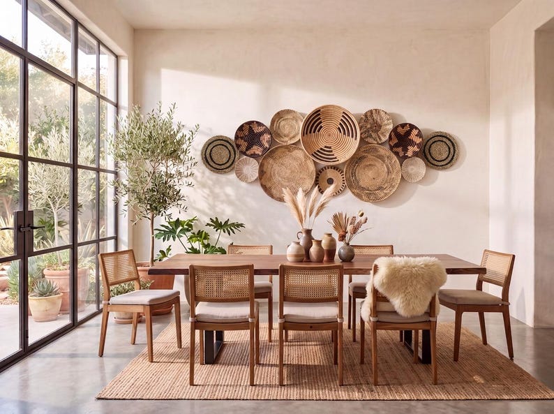 May include: A dining room set featuring a long wooden table with six chairs with cane backrests and light-coloured cushions. A collection of round woven wall baskets in various sizes and natural tones is displayed on the wall above the table.
