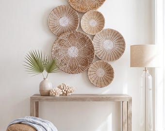Boho Coastal Wall Basket Set of 6 | Sunburst Seagrass Gallery Wall Decor | 13–22" Woven Wall Baskets | Coastal Living Room & Entryway Deco