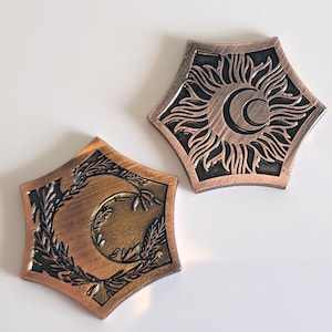 Solid Metal D2 Coin featuring an a sun theme and a moon theme | Aged Bronze | Dicebound Exclusive | DND Dungeons and dragons