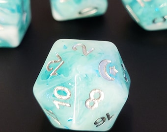 Ice Cap White and Blue resin with glitter and foil D&D Dice Set with metallic ink, Polyhedral Dice Set for Dungeons and Dragons and RPG's