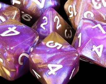 Potion RPG Dice Set | Sparkly Purple and Gold Swirl | 7pc Polyhedral D&D Dice for Dungeons and Dragons and Role Playing Games