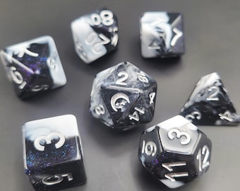 Nightshade: Dice Set with Black and White Swirls. Glittery. For Dungeons and Dragons, TTRPG's.
