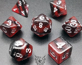 Scarlet: Red and Black Polyhedral Dice Set with Glitter. For Dungeons and Dragons, TTRPG's.