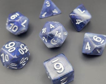 Seaside - Blue glittery resin with light grey swirls D&D Dice Set, Polyhedral Dice Set for Dungeons and Dragons