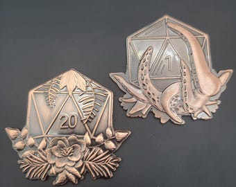 Thin Solid Metal D2 Coin featuring a D20 heads and Tentacle Tails | Aged Bronze or Silver | Dicebound Exclusive | DND Dungeons and dragons