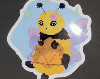 Dice and Honey - 3" Glossy DnD Art Sticker (Dungeons and Dragons Bumble Bee with Fairy Wings)