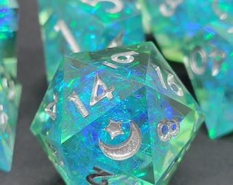 Supernova - Handmade RPG Dice set in a Potion Bottle, Teal and Blue D&D Dice with Iridescent Inclusions, Polyhedral Dice for RPG's