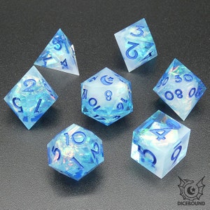 Lore - Handmade RPG Dice set in a Potion Bottle, Blue and White D&D Dice with Iridescent Inclusions, Polyhedral Dice for RPG&#39;s